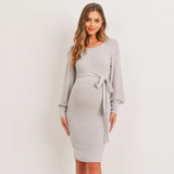 Cashmere-Like Sweater Knit Waist Belt Maternity Dress - Heather Grey