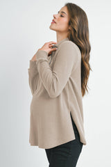 Quarter Zip Pull Over V Neck Maternity Knit Top - Taupe