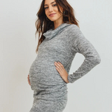 Cowl Neck Long Sleeve Maternity Sweater Dress - Heather Grey