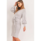 Cashmere-Like Sweater Knit Waist Belt Maternity Dress - Heather Grey