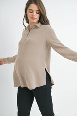 Quarter Zip Pull Over V Neck Maternity Knit Top - Taupe