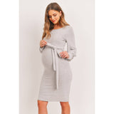 Cashmere-Like Sweater Knit Waist Belt Maternity Dress - Heather Grey