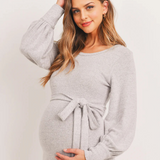 Cashmere-Like Sweater Knit Waist Belt Maternity Dress - Heather Grey