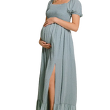 Swiss Dot Smocked Square Neck Maternity Maxi Dress