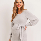 Cashmere-Like Sweater Knit Waist Belt Maternity Dress - Heather Grey